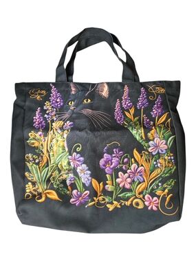 Black Cat & Floral Tote Bag - Artist Print